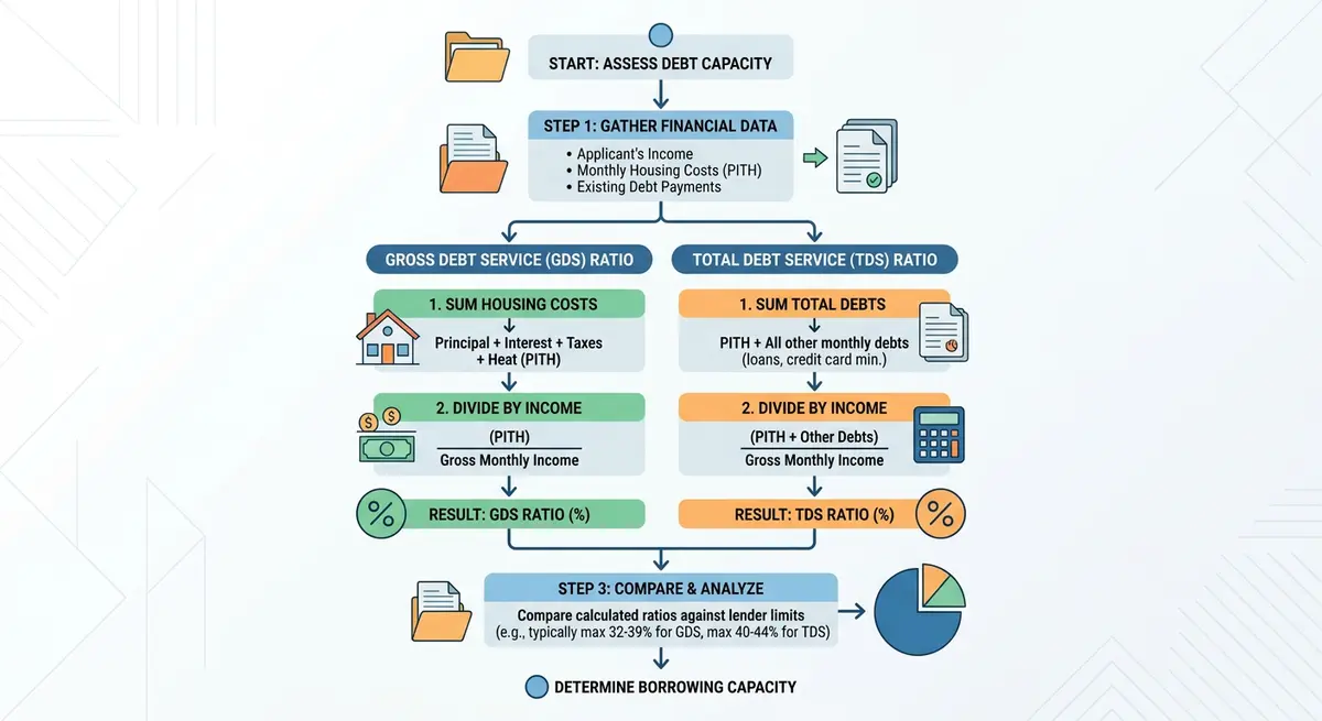 Step by step flowchart showing the calculation of Gross Debt Service and Total Debt Service ratios