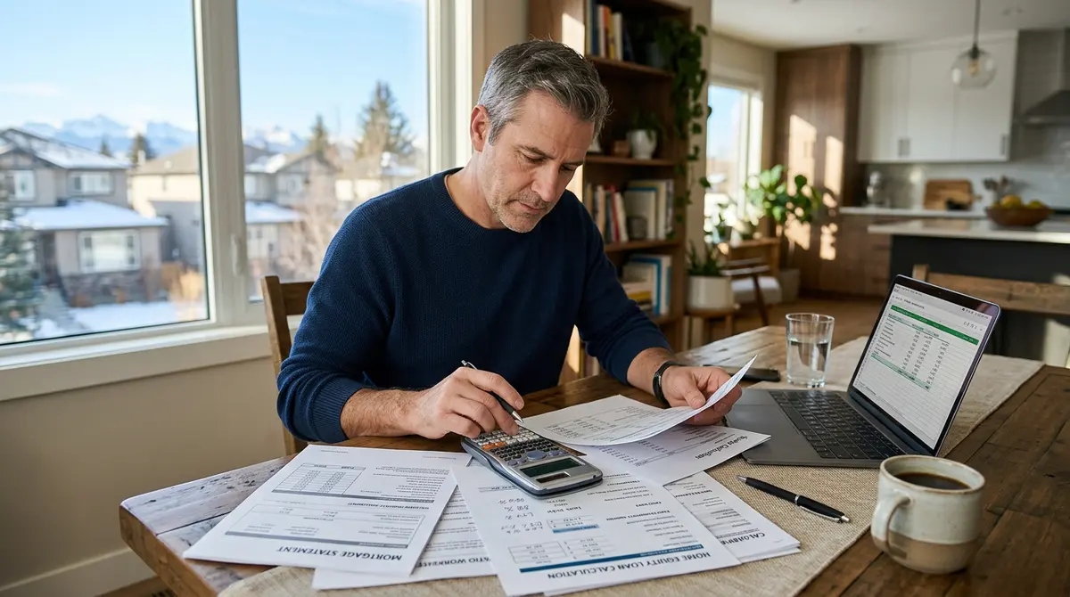 Calgary homeowner reviewing mortgage documents and calculating home equity loan ratios at a dining table