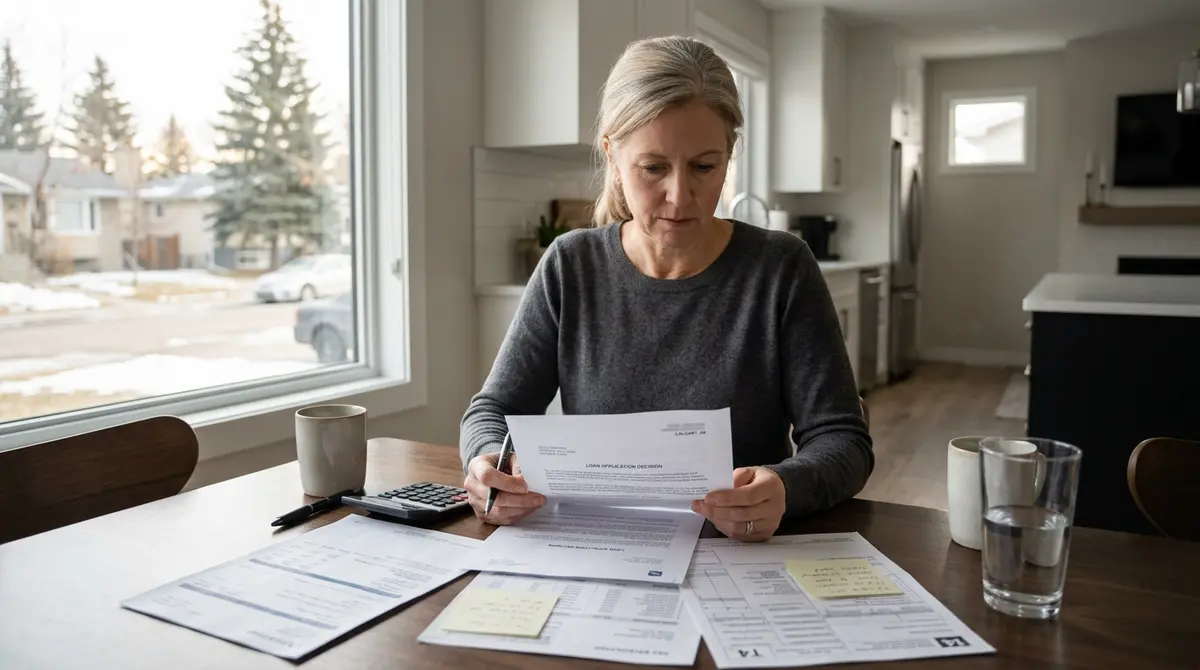 A Calgary homeowner reviewing a home equity loan denial letter and financial documents at a dining table