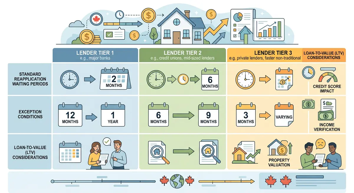 Comparison chart showing different home equity loan reapplication waiting periods across Calgary lender tiers in 2026