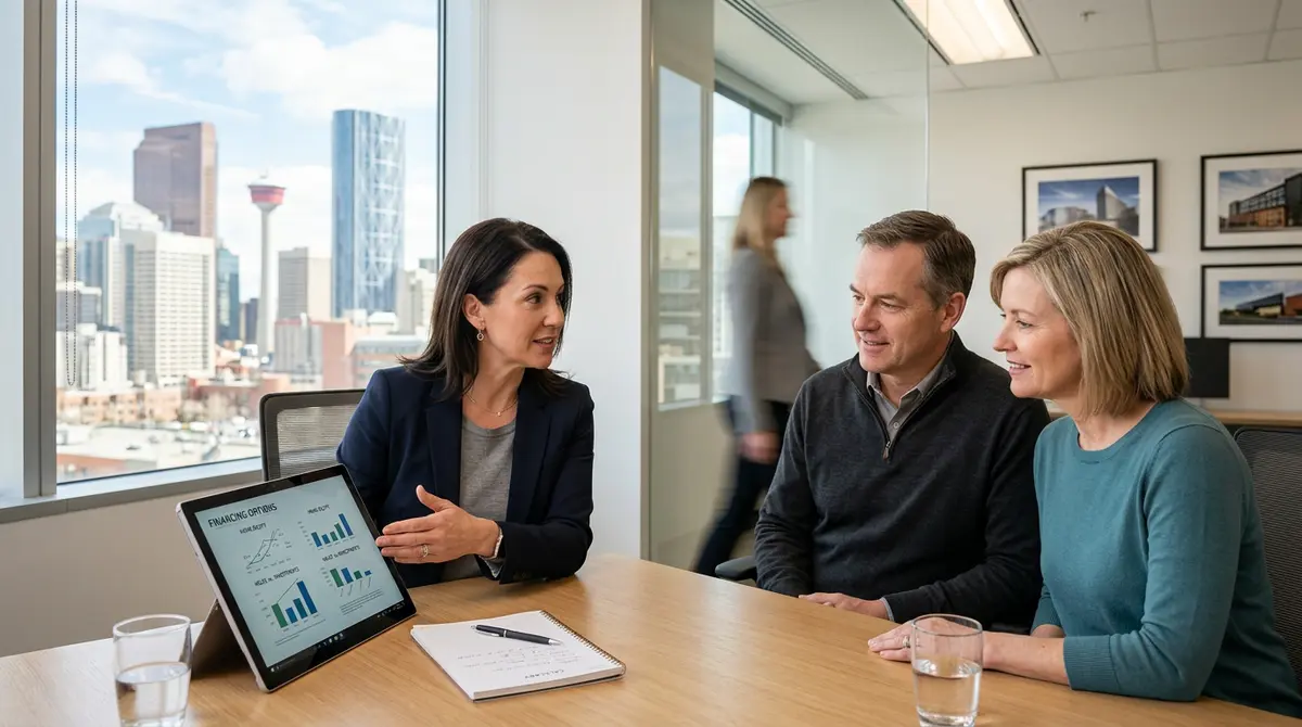 A financial advisor explaining alternative home equity financing options to a Calgary client