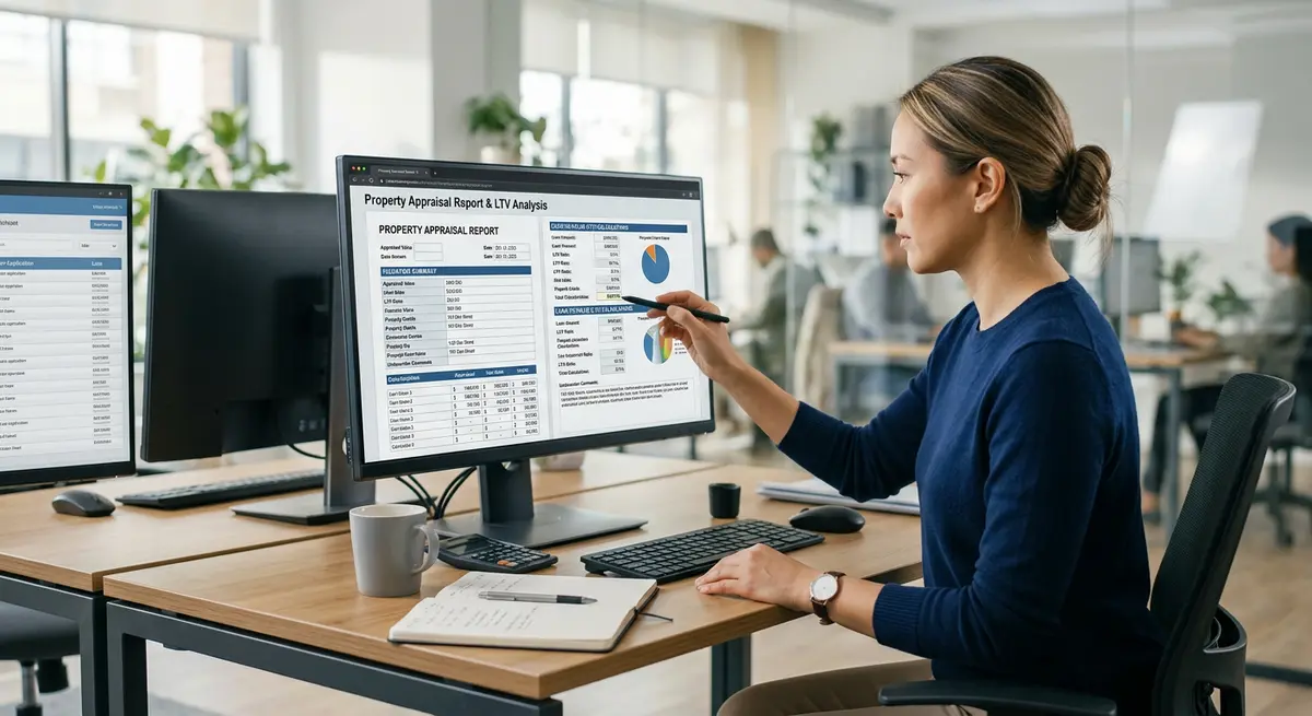 A financial underwriter reviewing a property appraisal report and Loan-to-Value calculations on a computer screen