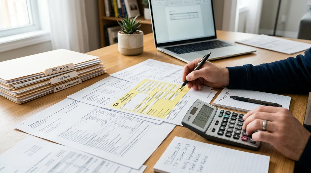 A desk with tax documents, T4 slips, and a calculator used for mortgage income verification