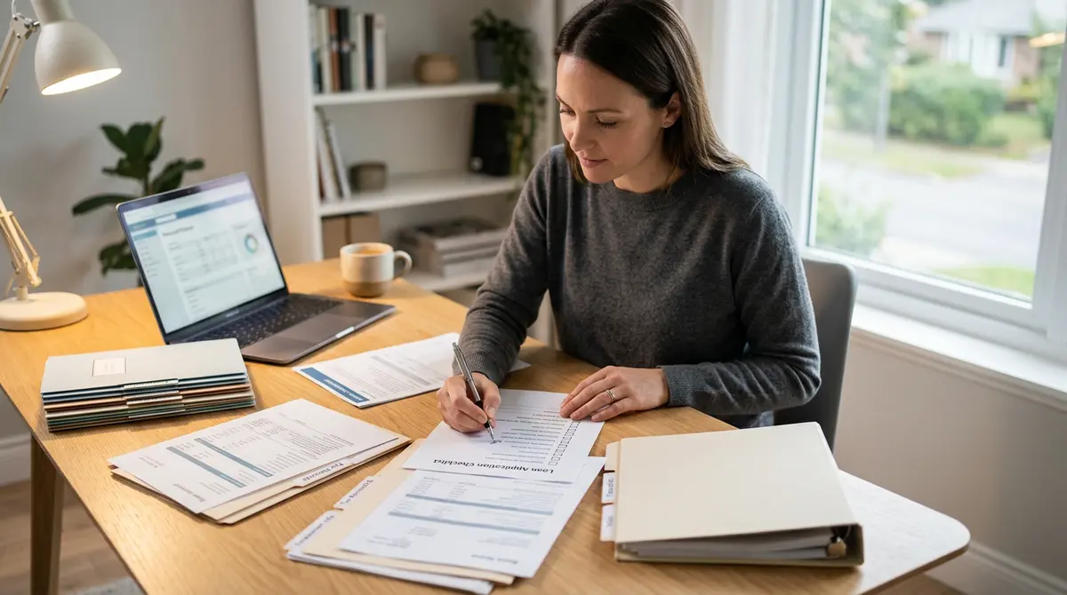 A homeowner organizing financial documents and a checklist in preparation for a loan application