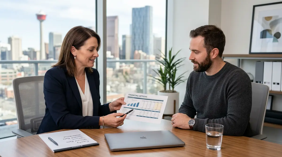 A professional financial advisor discussing secondary financing options with a Calgary homeowner in a modern office setting