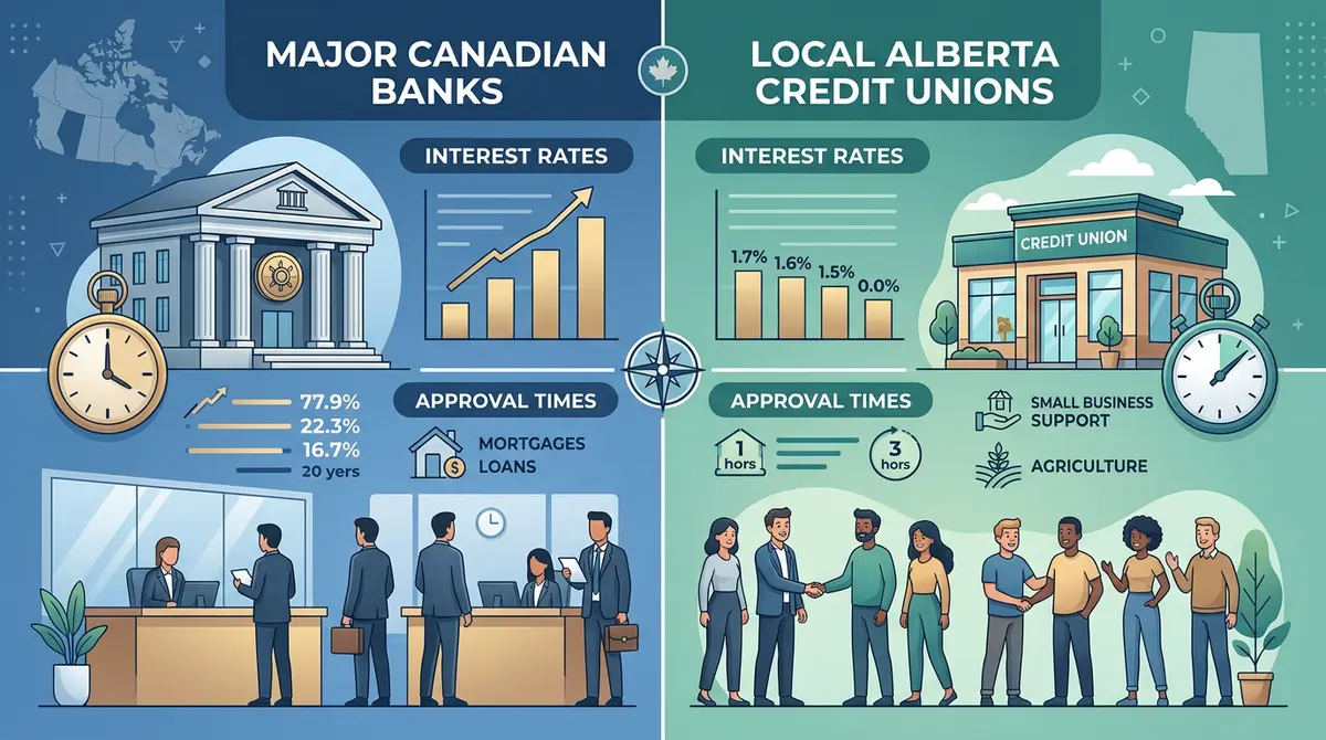 A side-by-side comparison chart showing interest rates and approval times between major Canadian banks and local Alberta credit unions