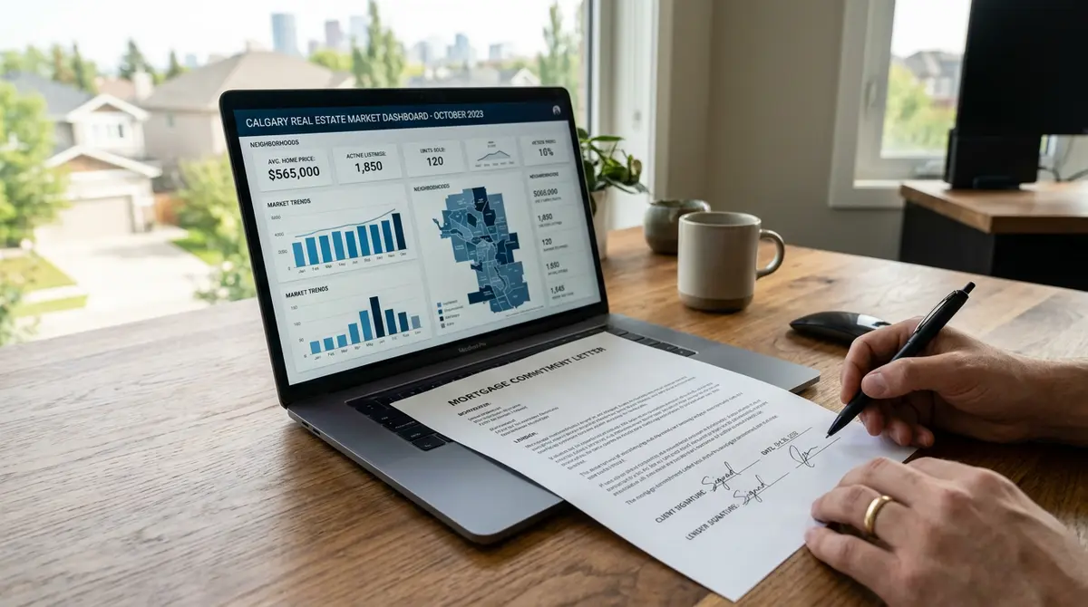 A close-up of a signed mortgage commitment letter next to a laptop displaying a Calgary real estate market analysis dashboard