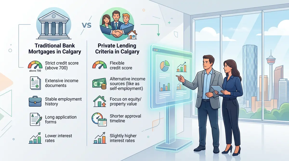A comparison chart showing the differences between traditional bank mortgages and private lending criteria in Calgary