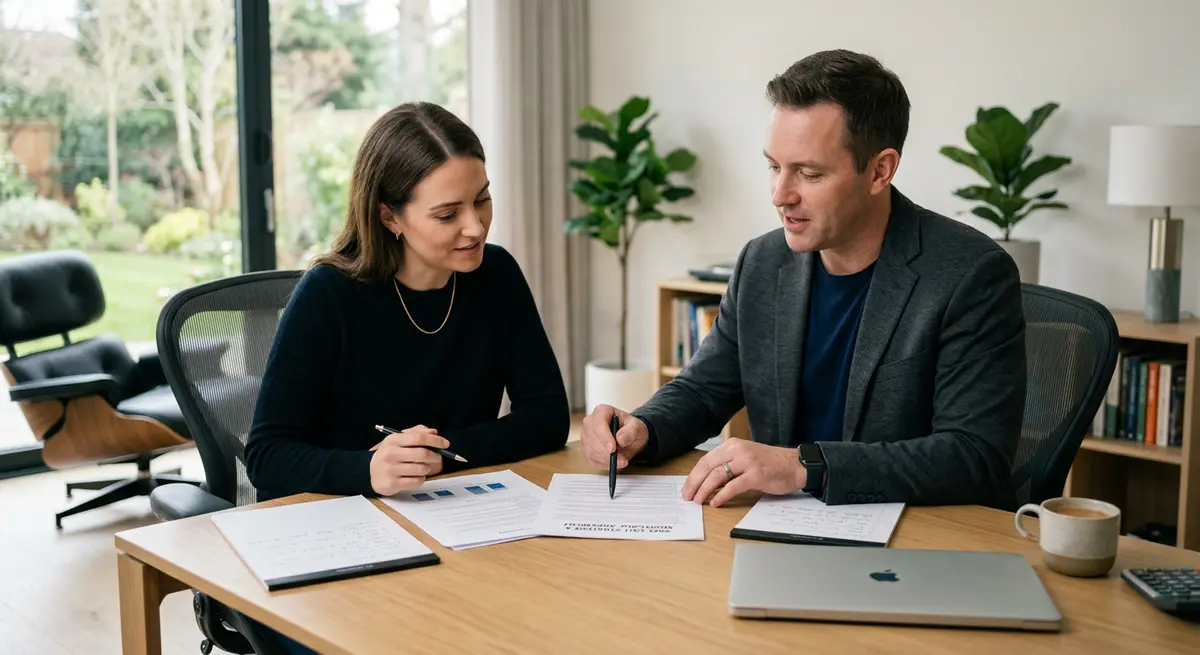A homeowner reviewing mortgage documents with a fiduciary broker to ensure a safe exit strategy