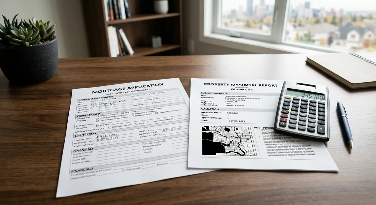 A detailed view of a mortgage application form alongside a calculator and a Calgary property appraisal report