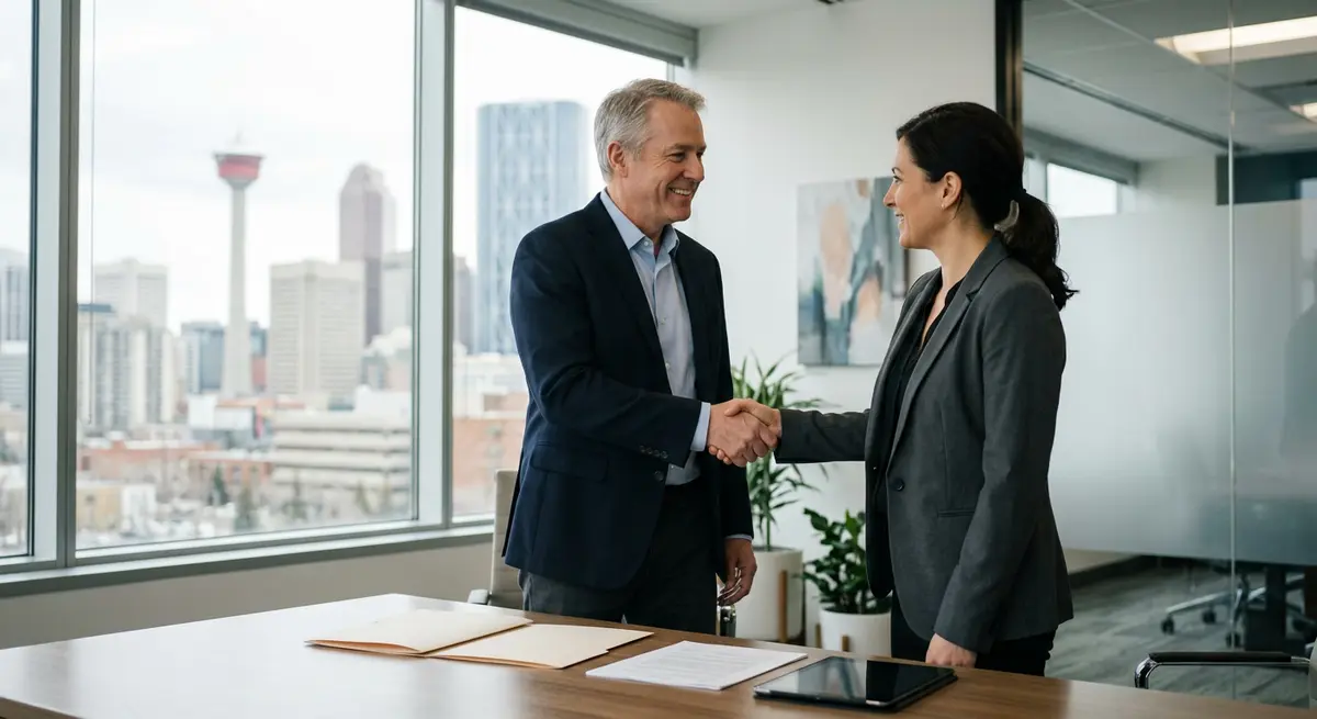 A Calgary homeowner shaking hands with a mortgage broker after successfully securing a pension fund home equity loan