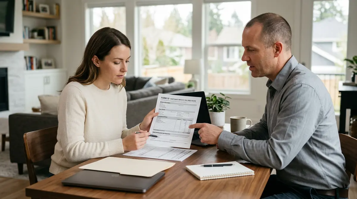 A homeowner reviewing a Form 10 mortgage broker fee disclosure document