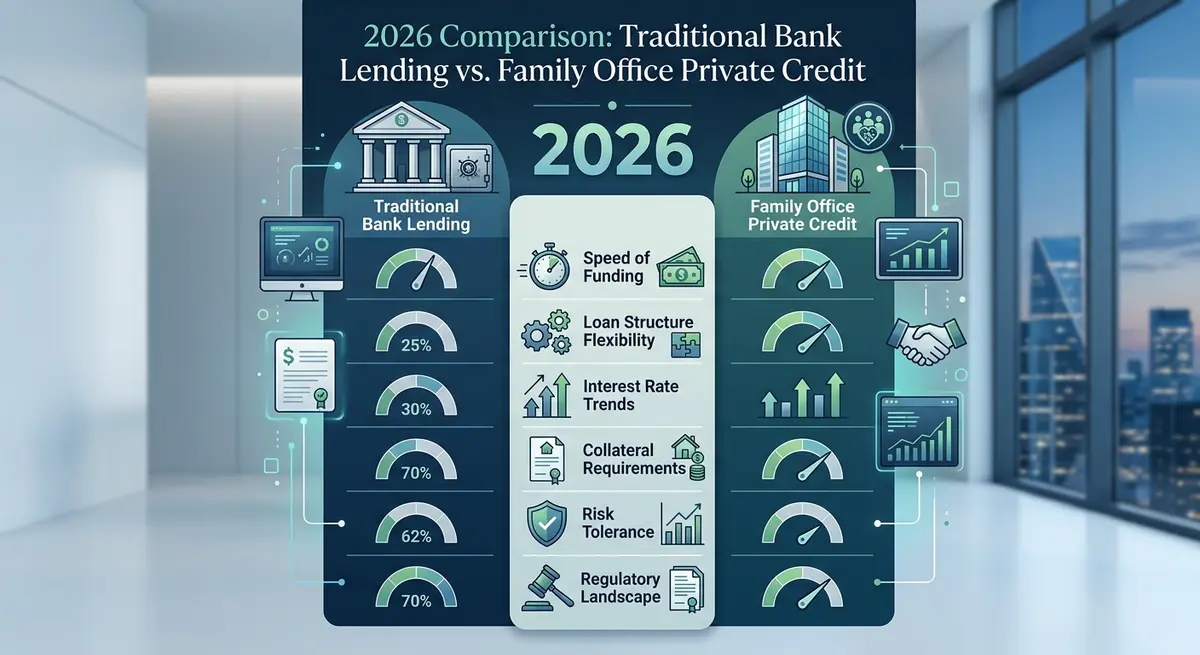 Comparison chart showing traditional bank lending versus family office private credit metrics in 2026