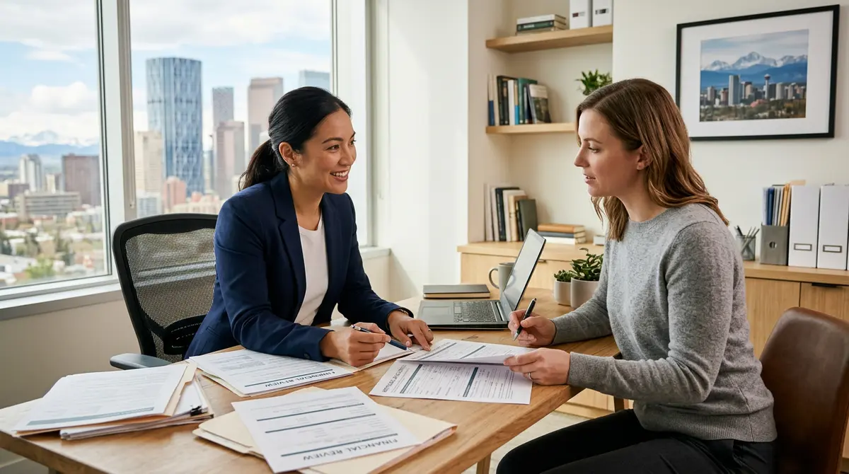 A mortgage broker reviewing financial documents with a Calgary homeowner