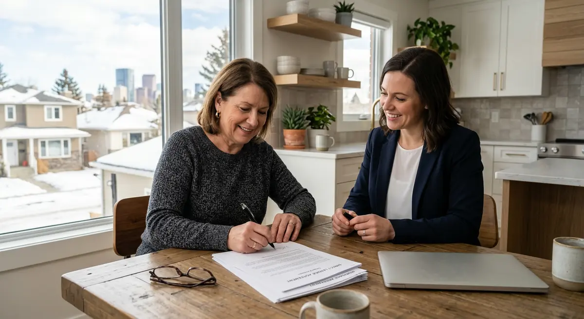 A Calgary homeowner signing direct lender mortgage documents at a kitchen table