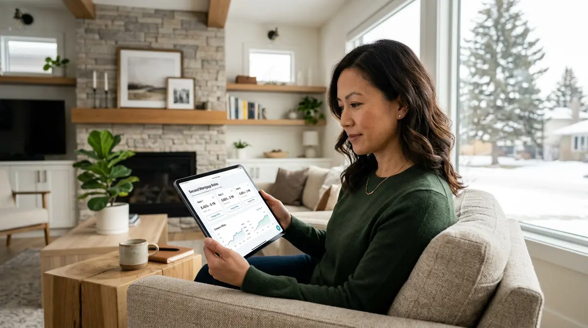 A Calgary homeowner reviewing digital second mortgage rates on a tablet in a modern living room