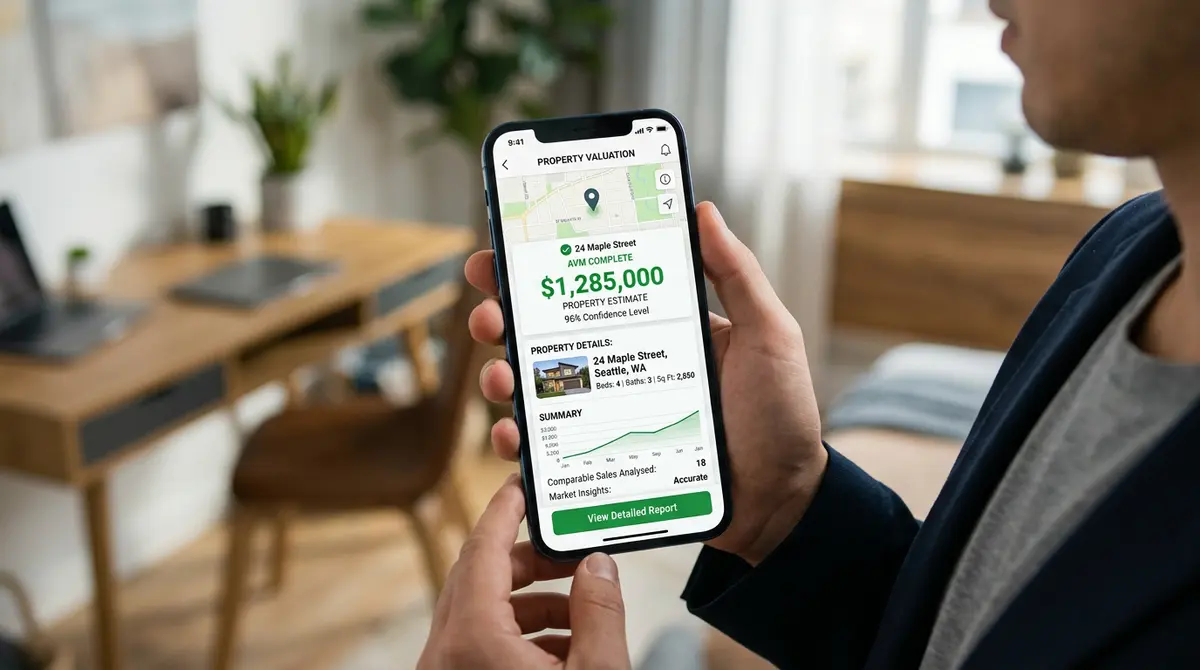 A close-up of a smartphone screen displaying a successful automated valuation model (AVM) property assessment