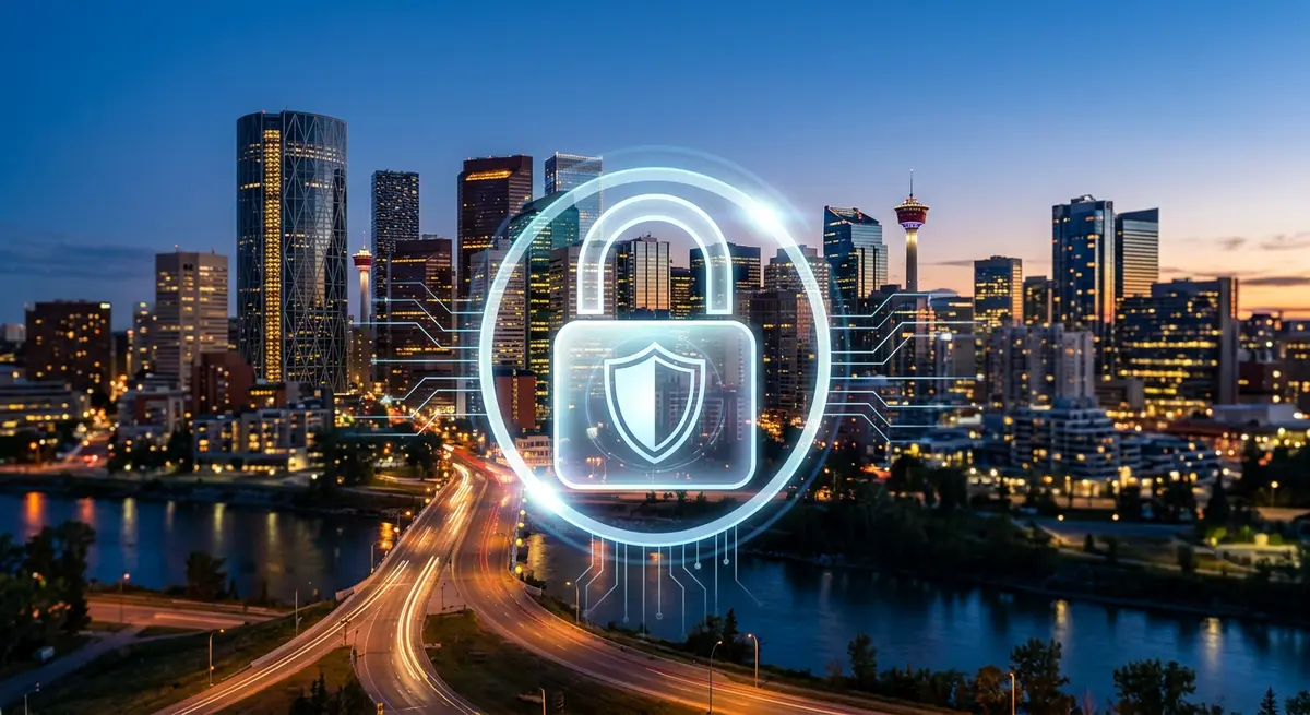 A secure digital lock icon overlaying a Calgary skyline, representing safe and regulated online lending