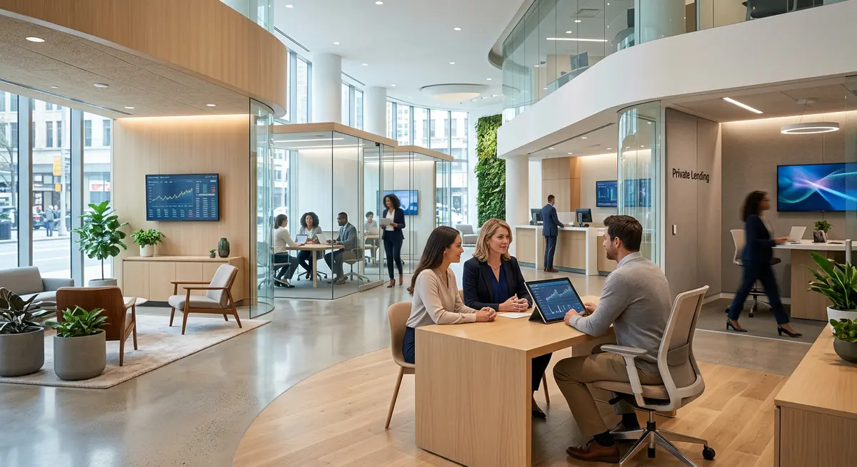 A modern bank branch interior representing institutional lending environments in 2026