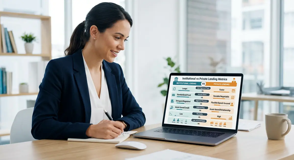 A side-by-side comparison chart showing institutional vs private lending metrics