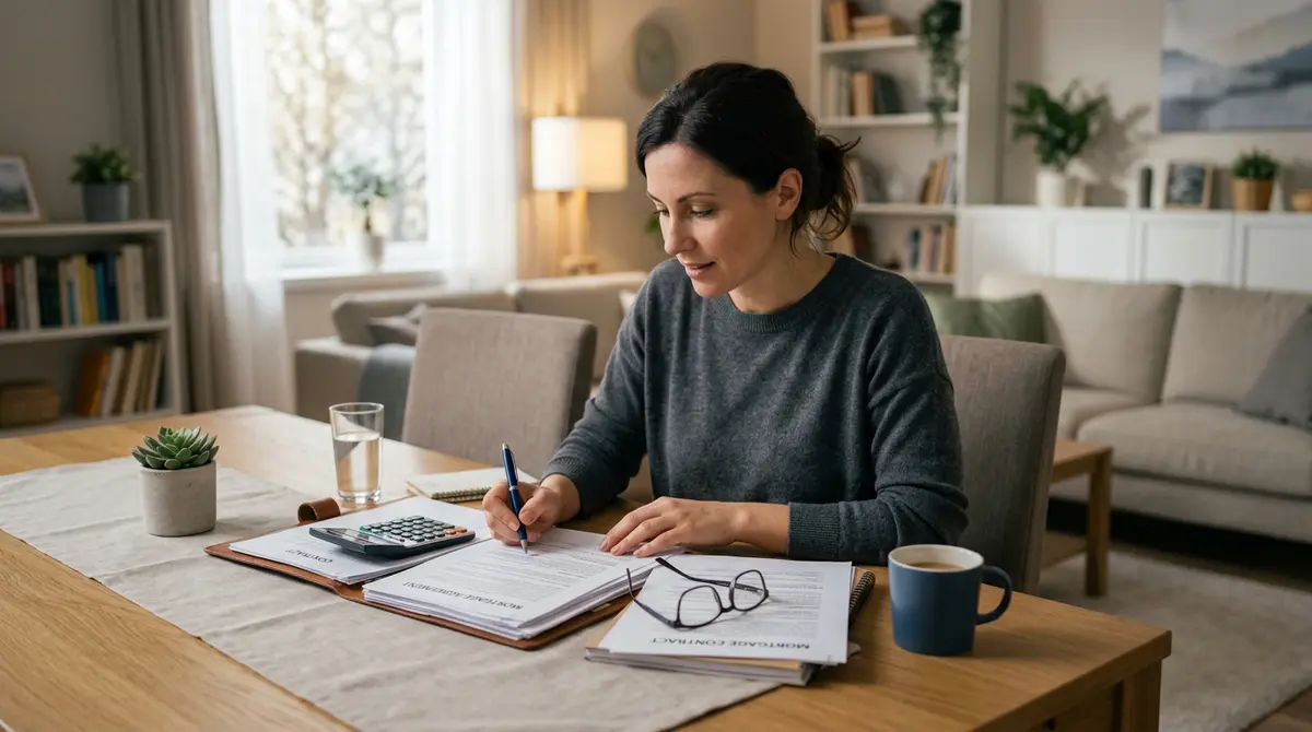 A homeowner reviewing financial documents and mortgage contracts at a dining table