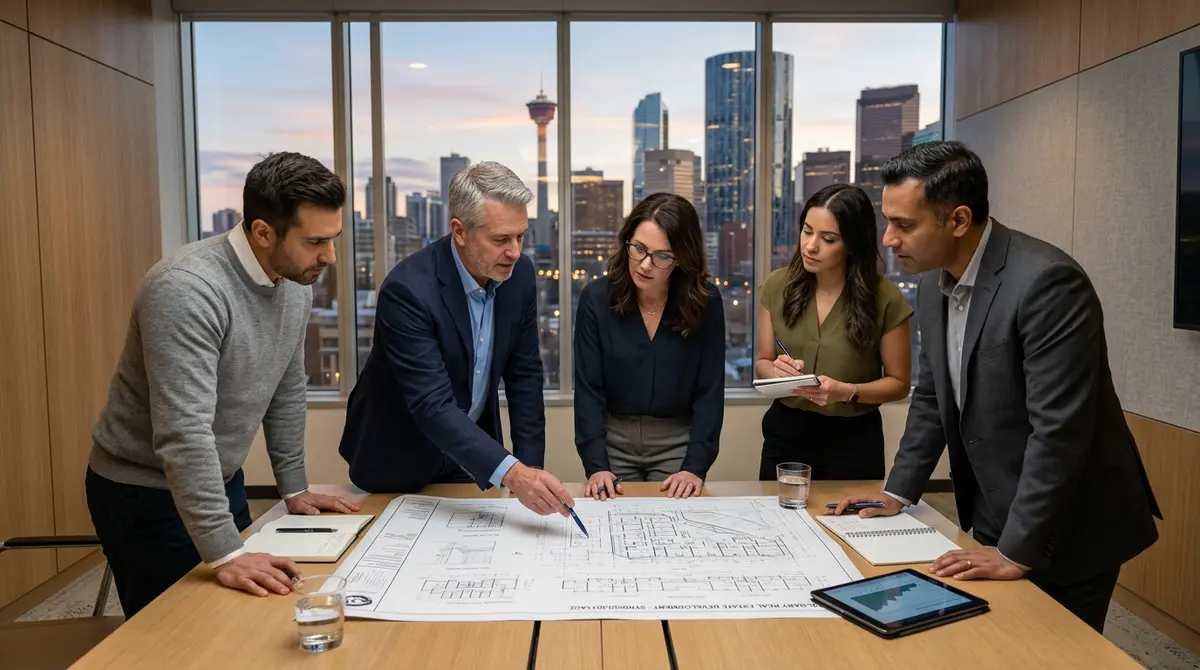 A group of investors reviewing a Calgary real estate development blueprint for a syndicated mortgage