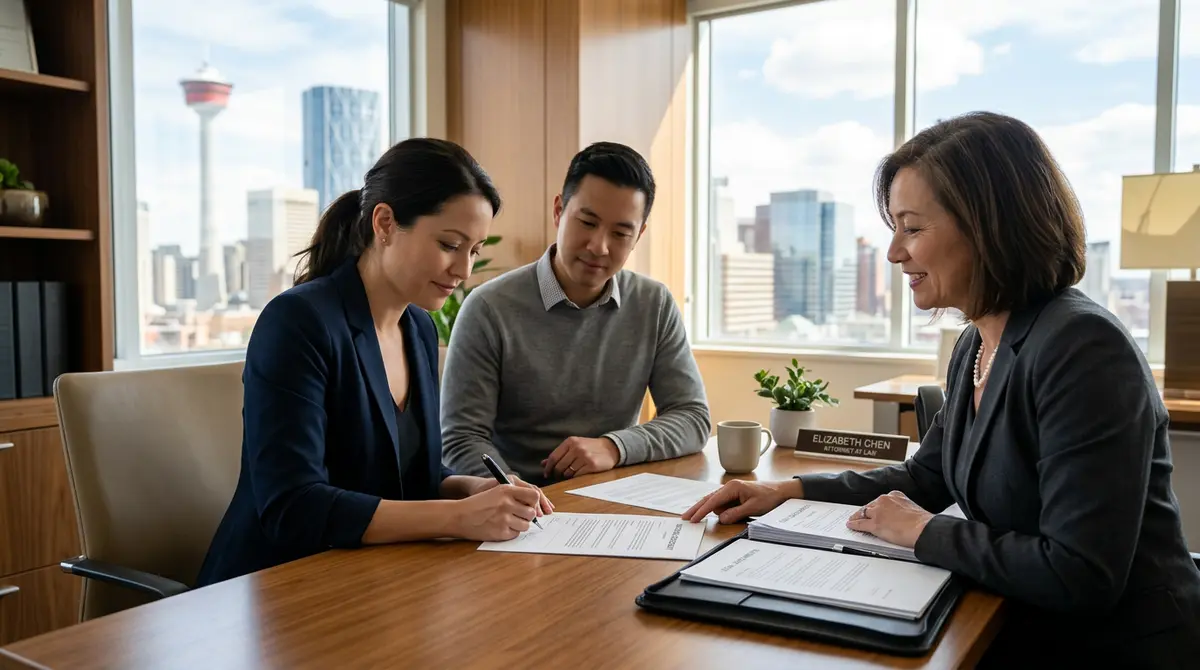 A Calgary homeowner signing syndicated second mortgage legal documents with their attorney