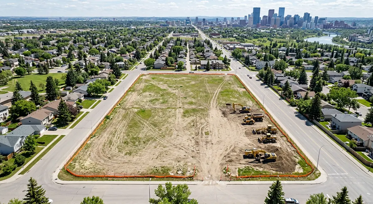 Aerial view of a vacant land parcel in Calgary slated for residential development