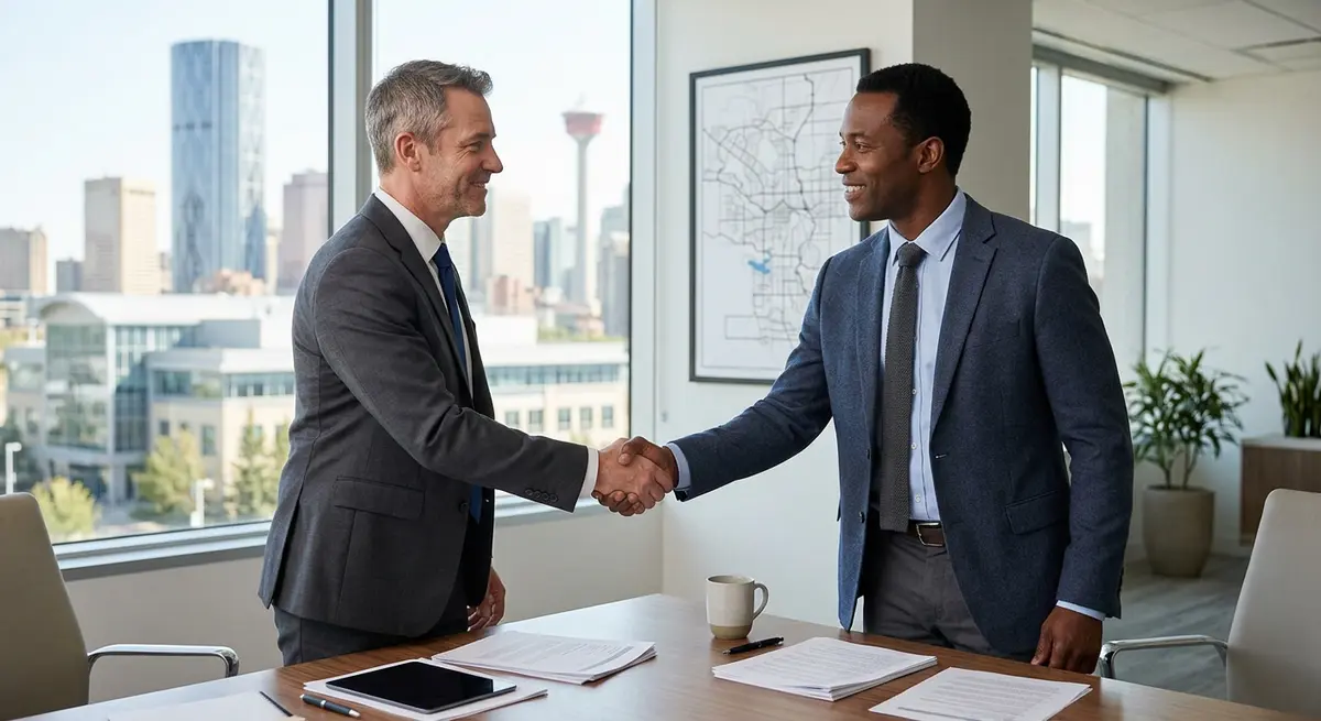 A handshake between a land developer and a private mortgage lender in a Calgary office