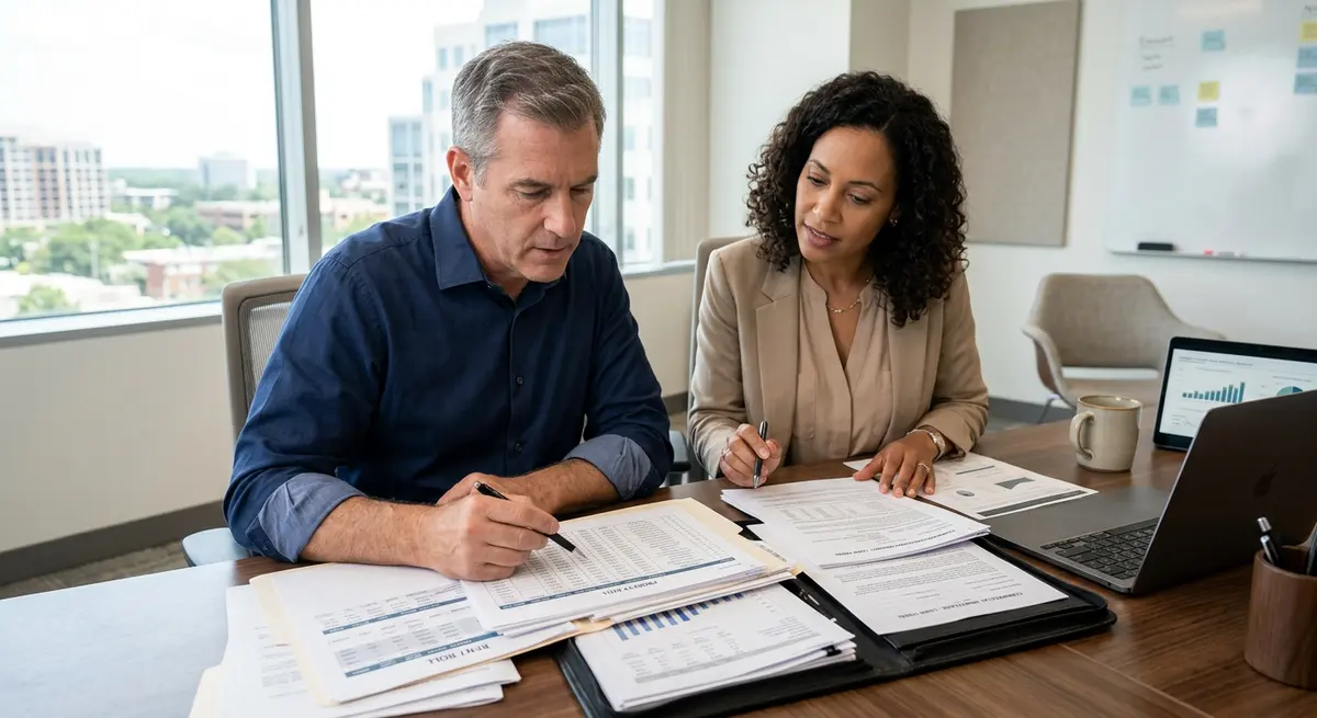 Real estate investor reviewing commercial mortgage documents and property rent rolls