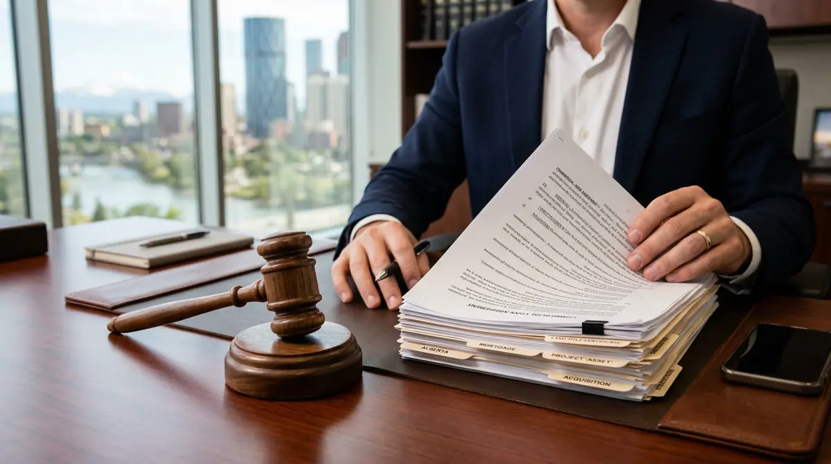 Legal documents and a gavel representing the legal complexities of commercial real estate financing in Alberta