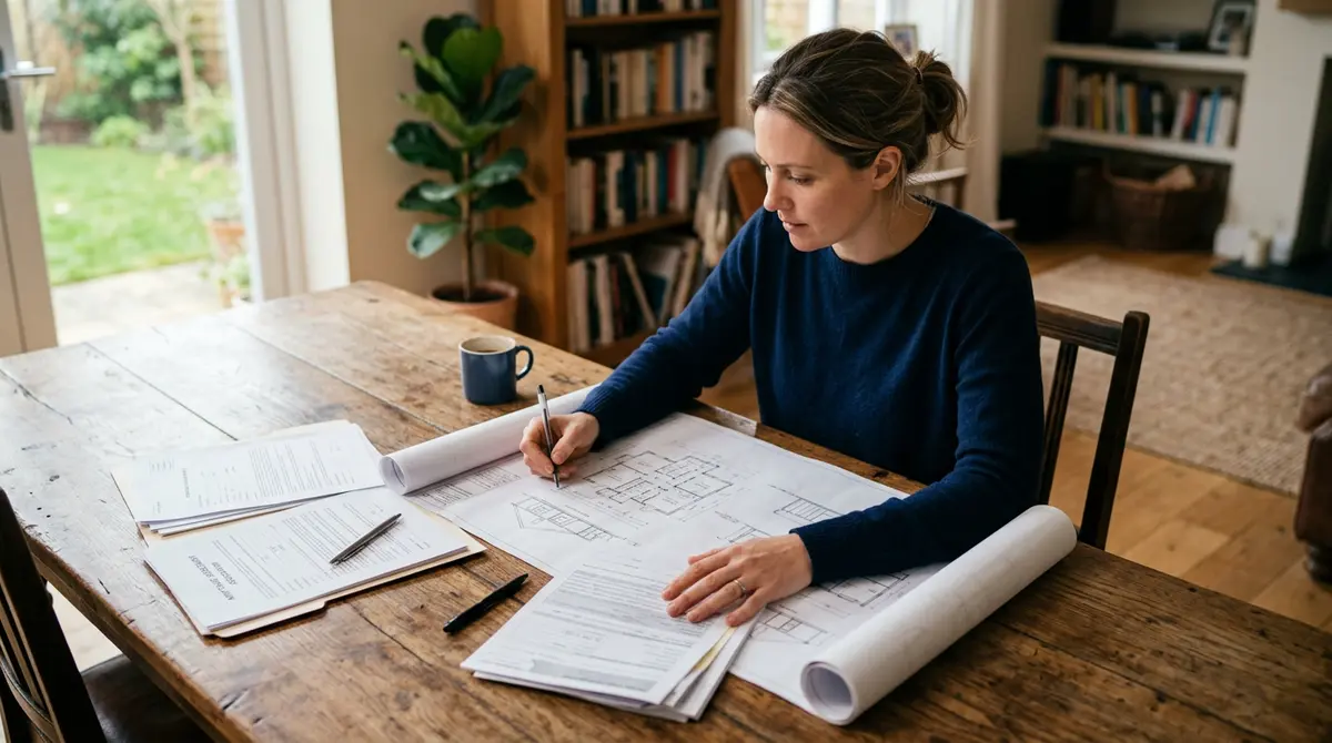 A homeowner reviewing architectural blueprints and mortgage documents on a vintage oak table
