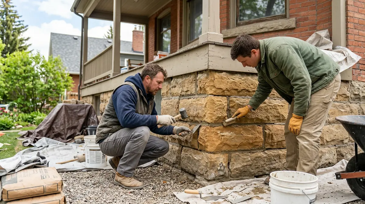 Specialized masonry workers restoring the sandstone foundation of a historic Calgary home