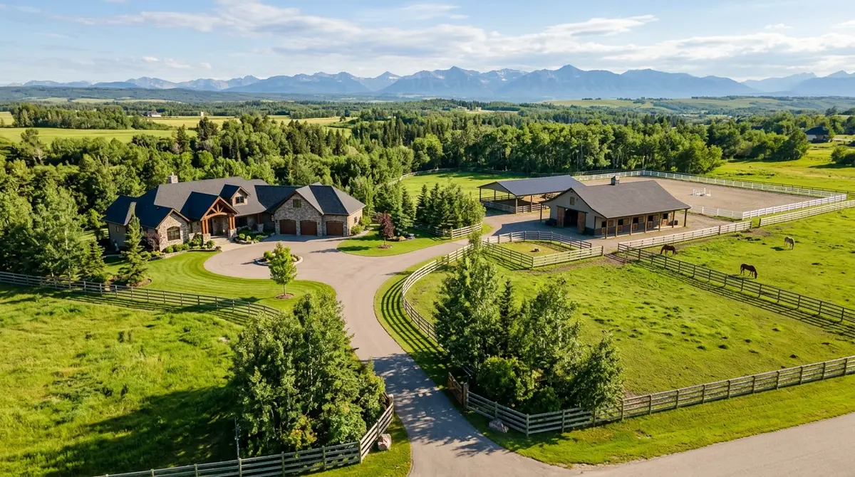 A sprawling Calgary acreage property featuring a large residential home, equestrian outbuildings, and a private access road during the summer months.