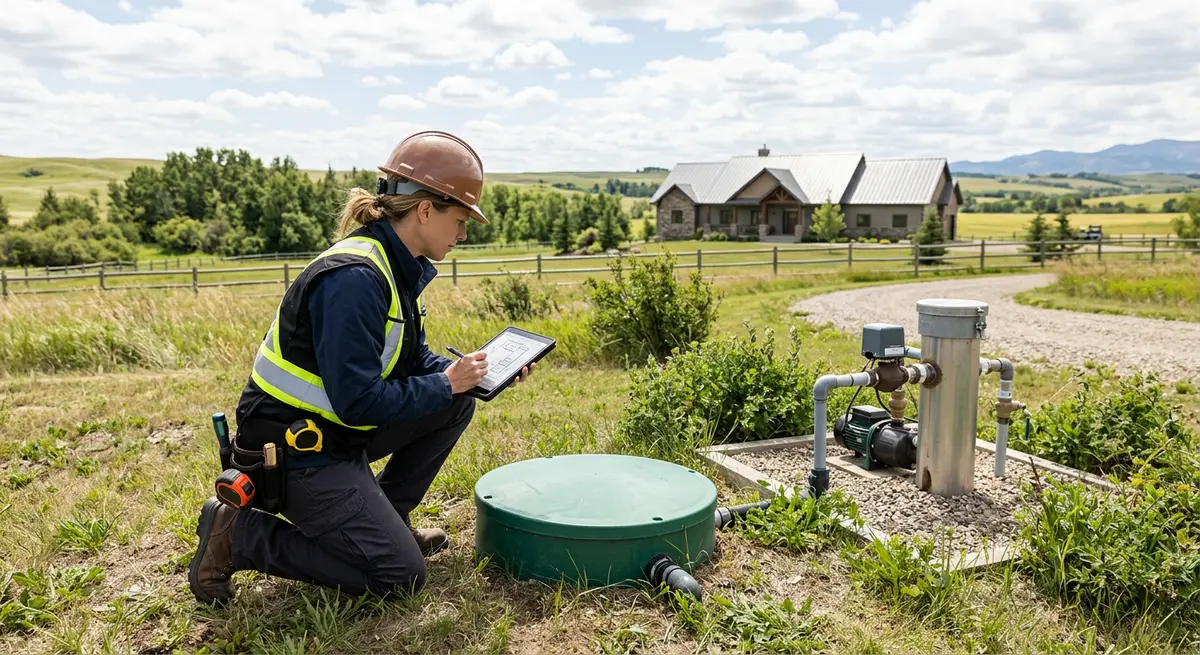 A professional rural real estate appraiser inspecting a modern septic system and water well infrastructure on a Southern Alberta acreage.