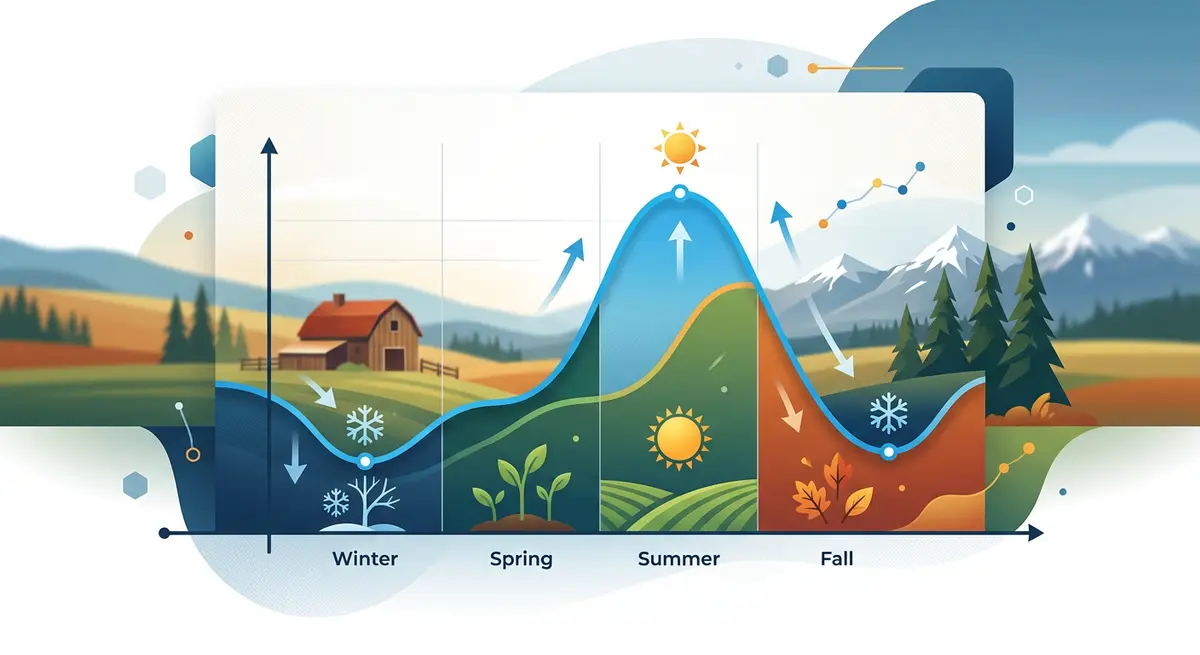A graphical chart showing the seasonal fluctuations in rural property appraisals in Alberta, highlighting peak valuations in summer and discounts in winter.