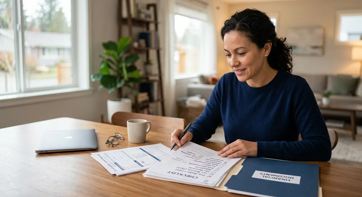 A homeowner reviewing financial documents and a comprehensive checklist for a manufactured home equity loan application