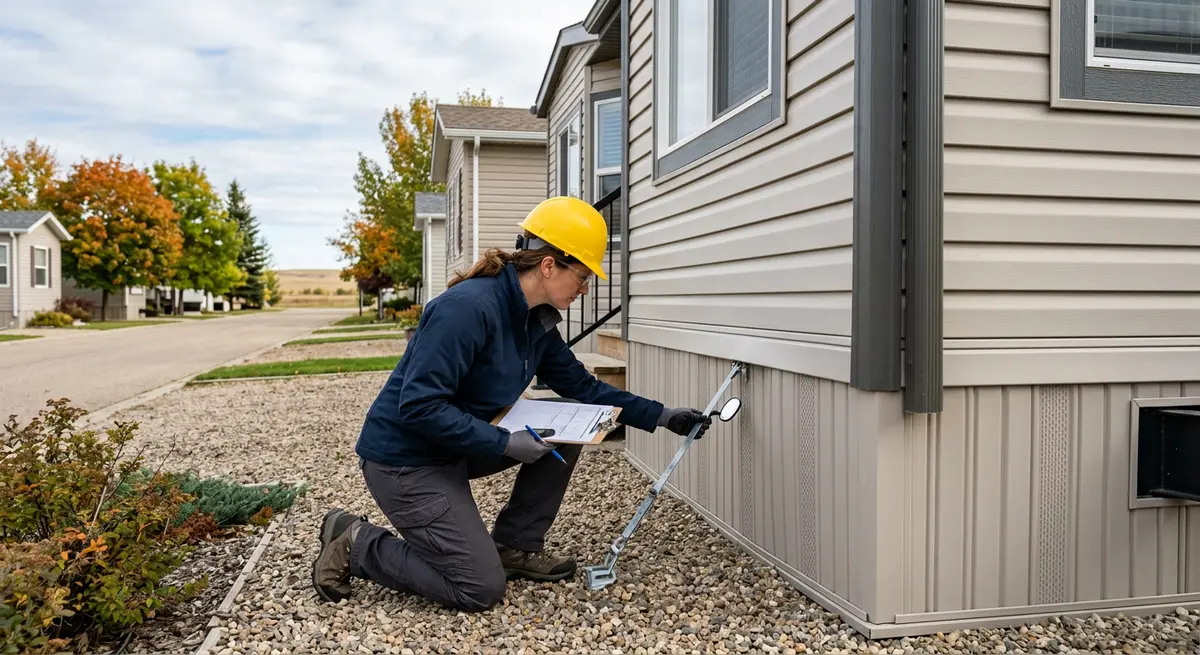 A specialized appraiser inspecting the skirting and tie-downs of a manufactured home in an Alberta park