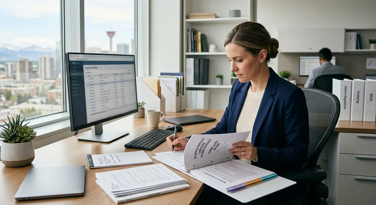A professional reviewing mortgage licensing educational materials and compliance documents in an Alberta office