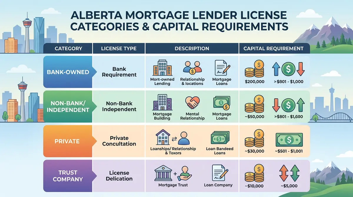 Comparison chart showing different mortgage lender license categories and capital requirements in Alberta