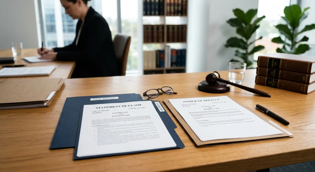 Legal documents including a Statement of Claim and Notice of Default on a wooden desk