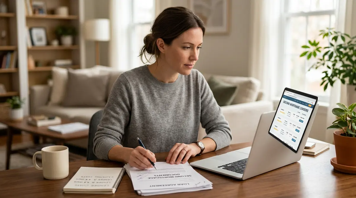 A homeowner reviewing second mortgage loan documents and lender ratings on a laptop