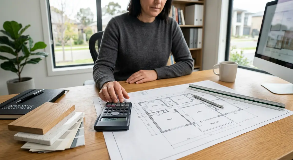 Architectural blueprints and a calculator on a desk, representing home renovation planning and equity financing in 2026