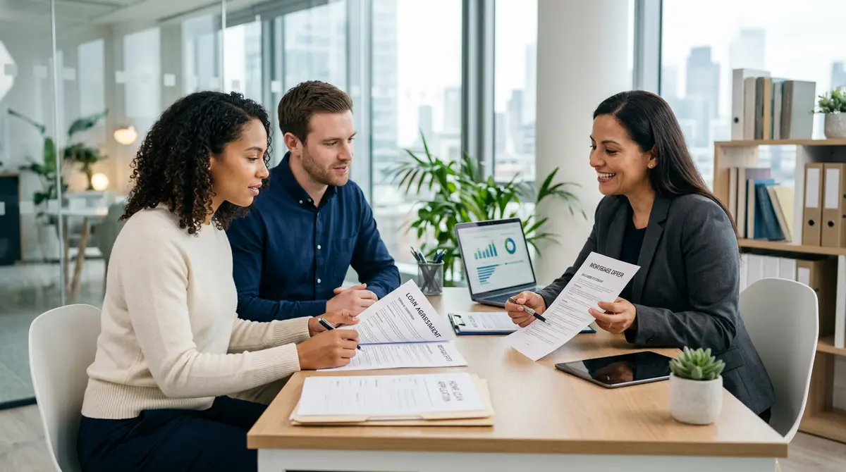 A couple reviewing financial documents and loan agreements with a mortgage broker in a modern office