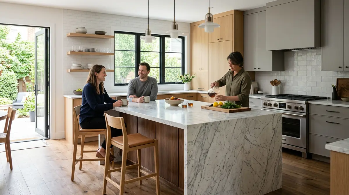 A newly renovated modern kitchen featuring a large marble island, demonstrating high ROI home improvements