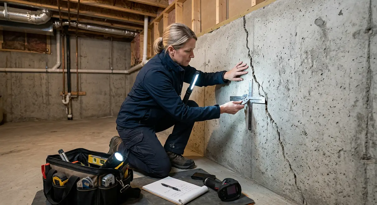 A certified home inspector examining a cracked concrete foundation wall in a Calgary basement