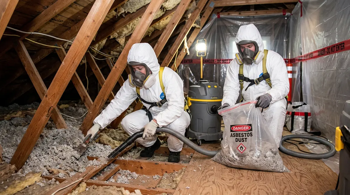 Professional environmental remediation team removing friable asbestos insulation from a residential attic