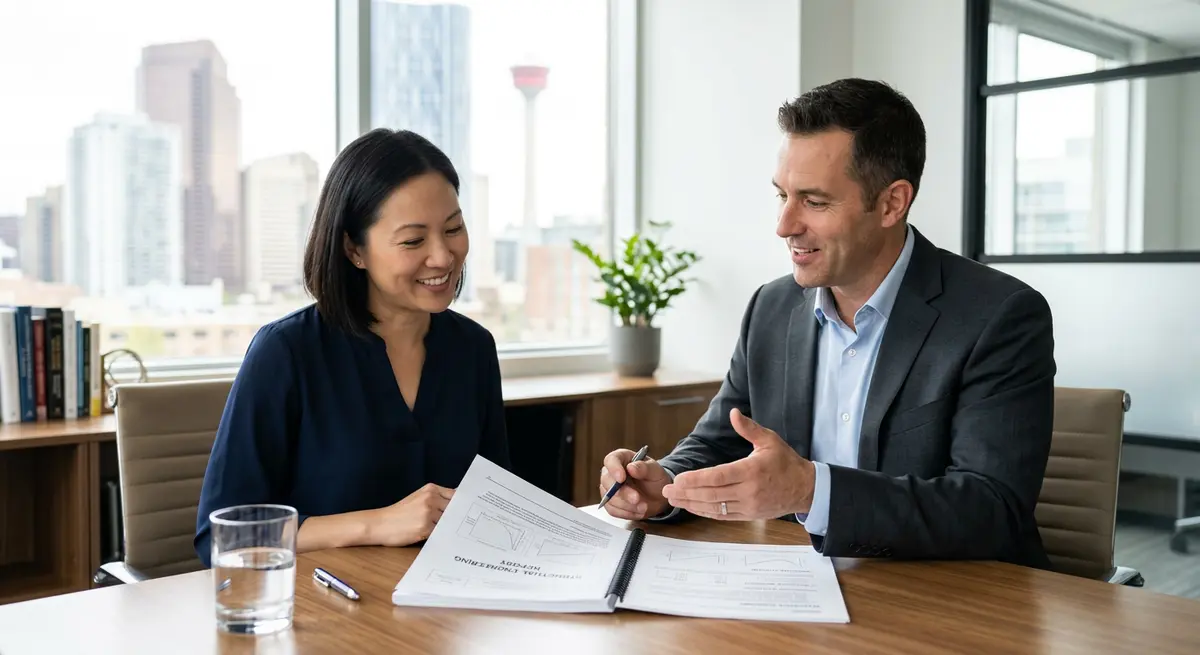 A homeowner reviewing a clean structural engineering report with a Calgary mortgage broker