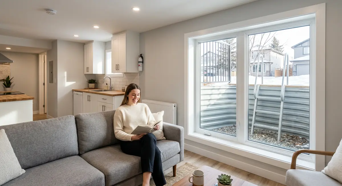 A modern, legally compliant basement suite in Calgary featuring large egress windows and updated safety features
