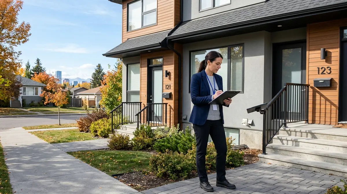 A professional real estate appraiser evaluating the exterior and separate entrance of a dual-income property in Calgary